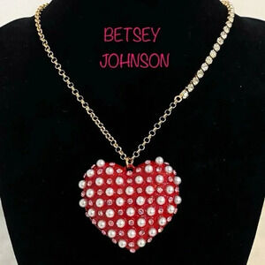 Betsey Johnson Faux Pearl & Pink Rhinestone Red Heart Necklace